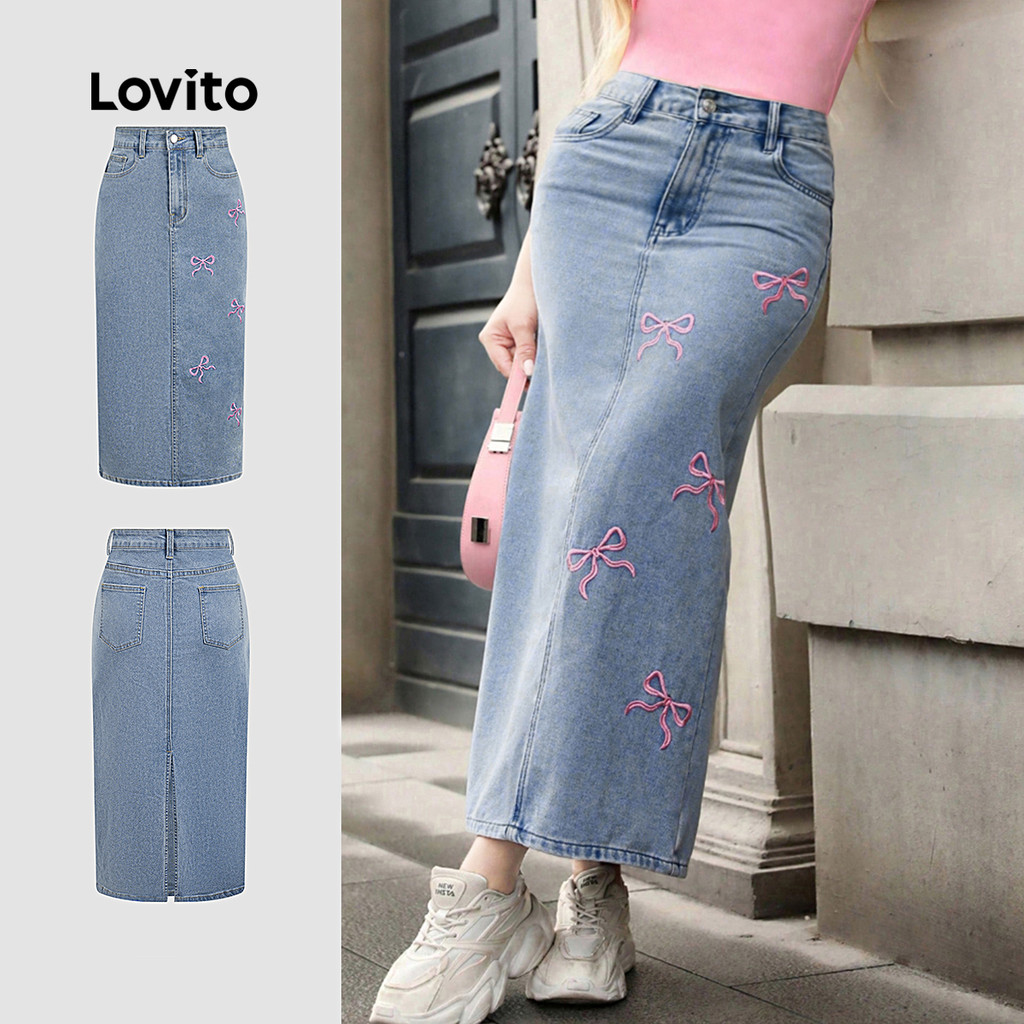 Lovito Saias Casuais de Ganga com Laço Bordado Saias de Ganga Azul Claro para Mulheres L166AD385 em Oferta na Shopee
