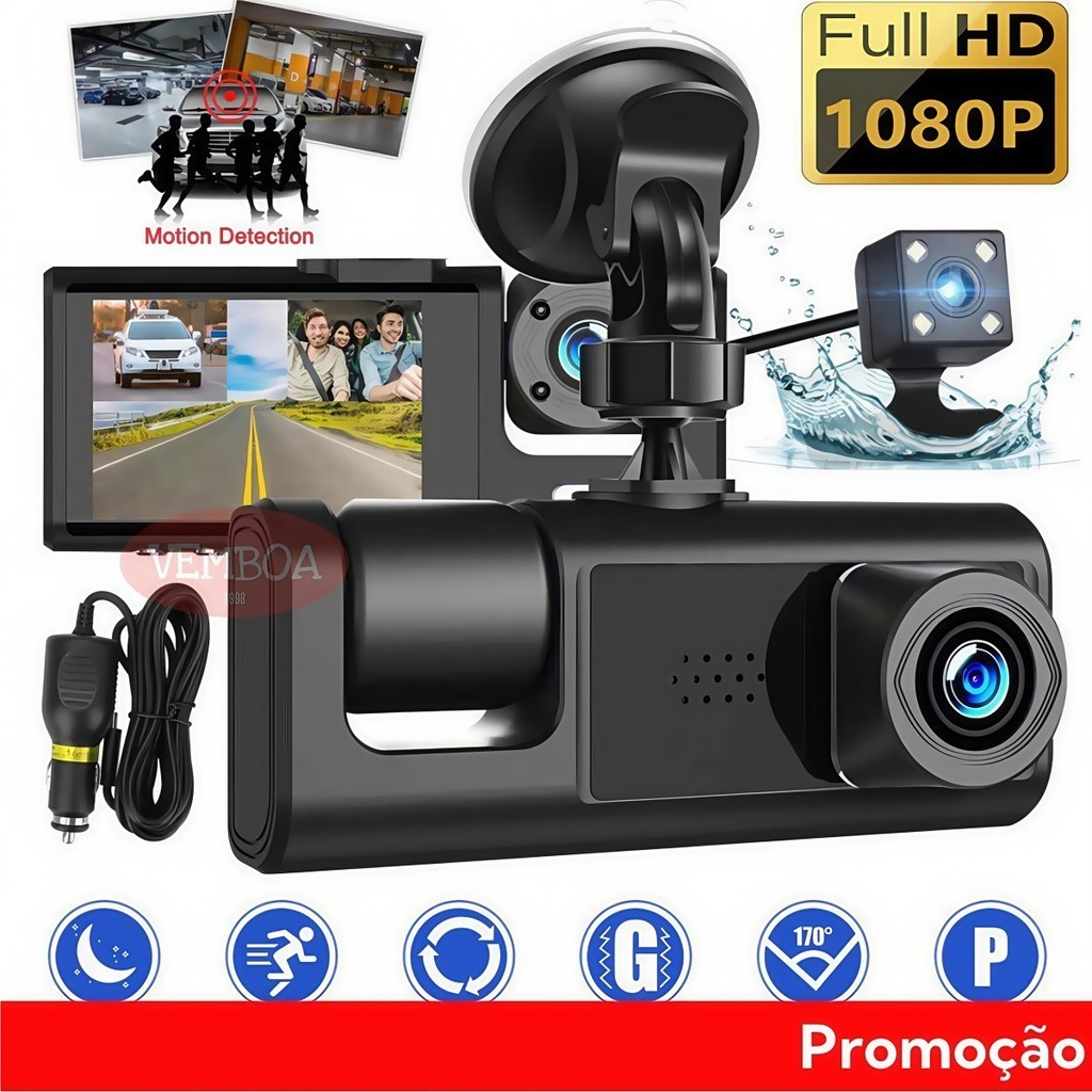 Câmera de gravação de direção com 3 lentes 1080p DVR para carro, sensor de gravidade, visão noturna em Oferta na Shopee
