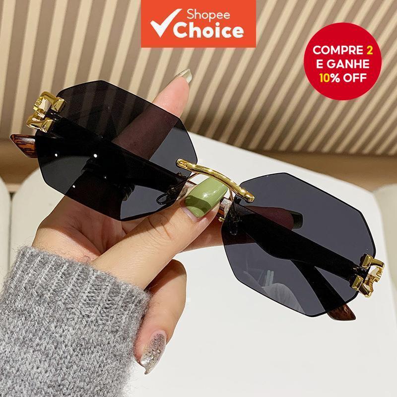 Óculos De Sol Sem Moldura Com Decoração De Leopardo | Moda Templo De Madeira Proteção UV Ao Ar Livre