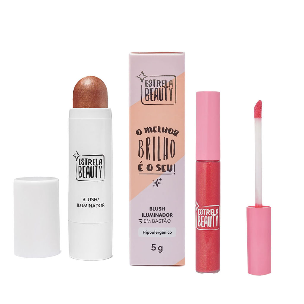 Kit Rosto Ilunimado - Blush Iluminador + Gloss - Estrela Beauty