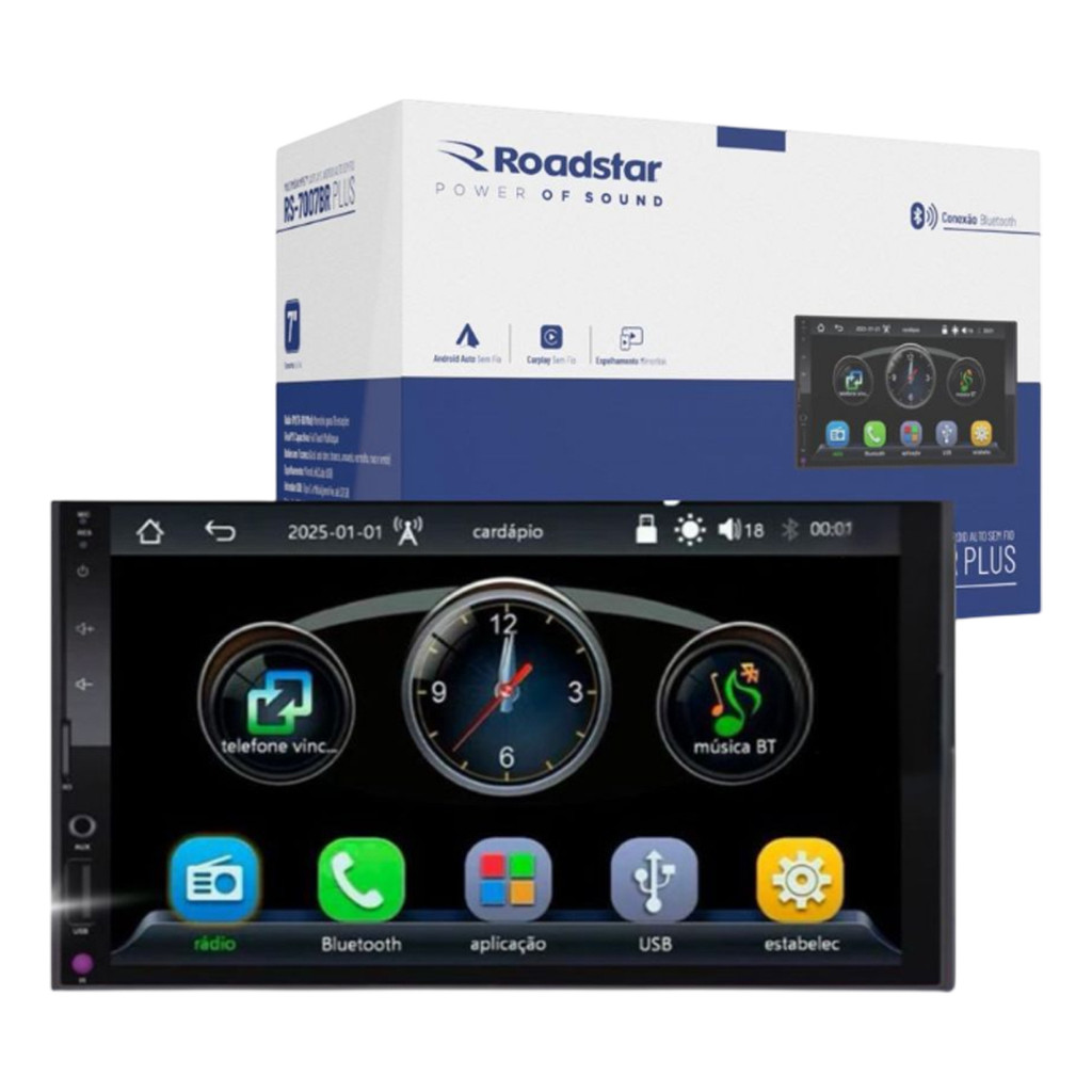 ROADSTAR MULTIMIDIA MP5 7 POLEGADAS APPLE CARPLAY E ANDROID AUTO RS7007BR PLUS