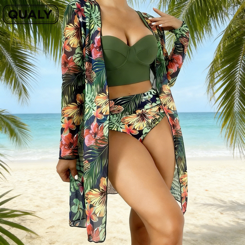Conjunto Biquíni Feminino 3 Peças Quimono Saída de Praia Estampa Planta Tropical Moda Verão Praia Piscina QUALY