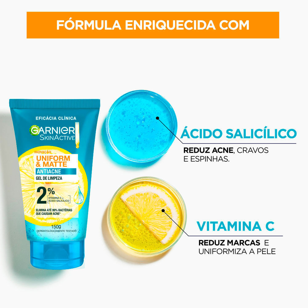 Detalhes do Gel de Limpeza Facial Garnier Uniform & Matte Antiacne 150g