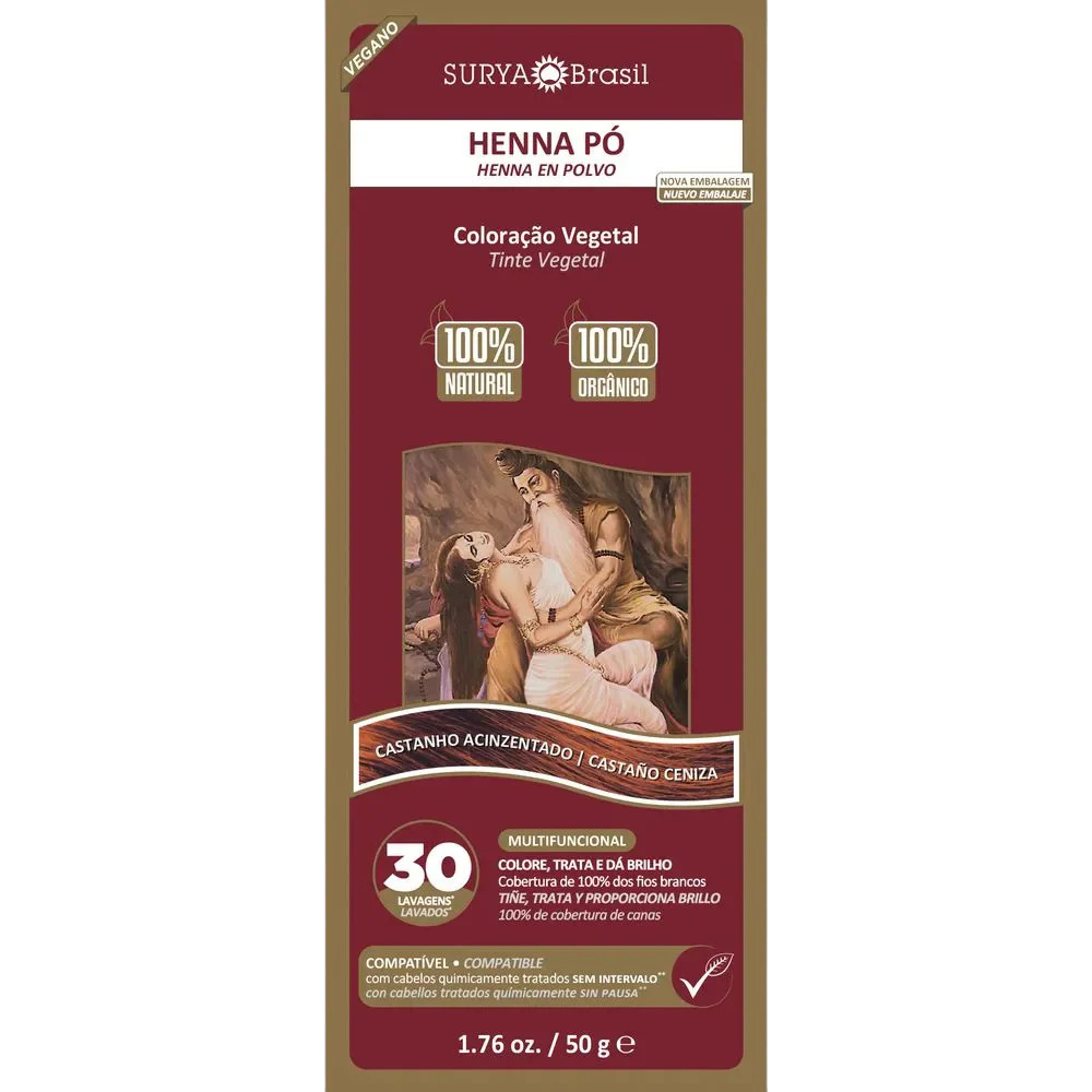 Tintura Natural Vegana Henna Pó Surya Castanho Acinzentado