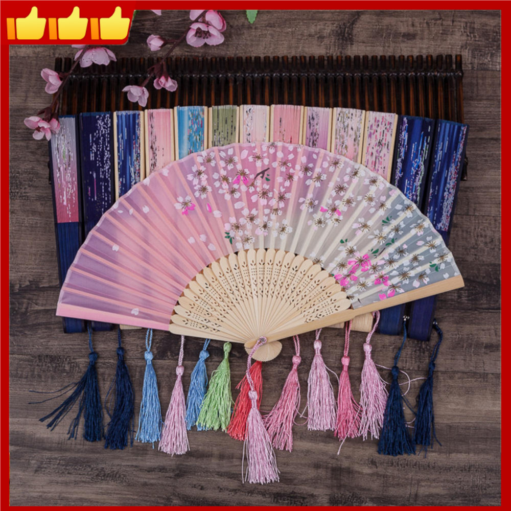 Leque De Seda Clássico Portátil , Haste De Madeira , Elegante , Vintage , Para Decoração De Casamento , Presente De Fest em Oferta na Shopee