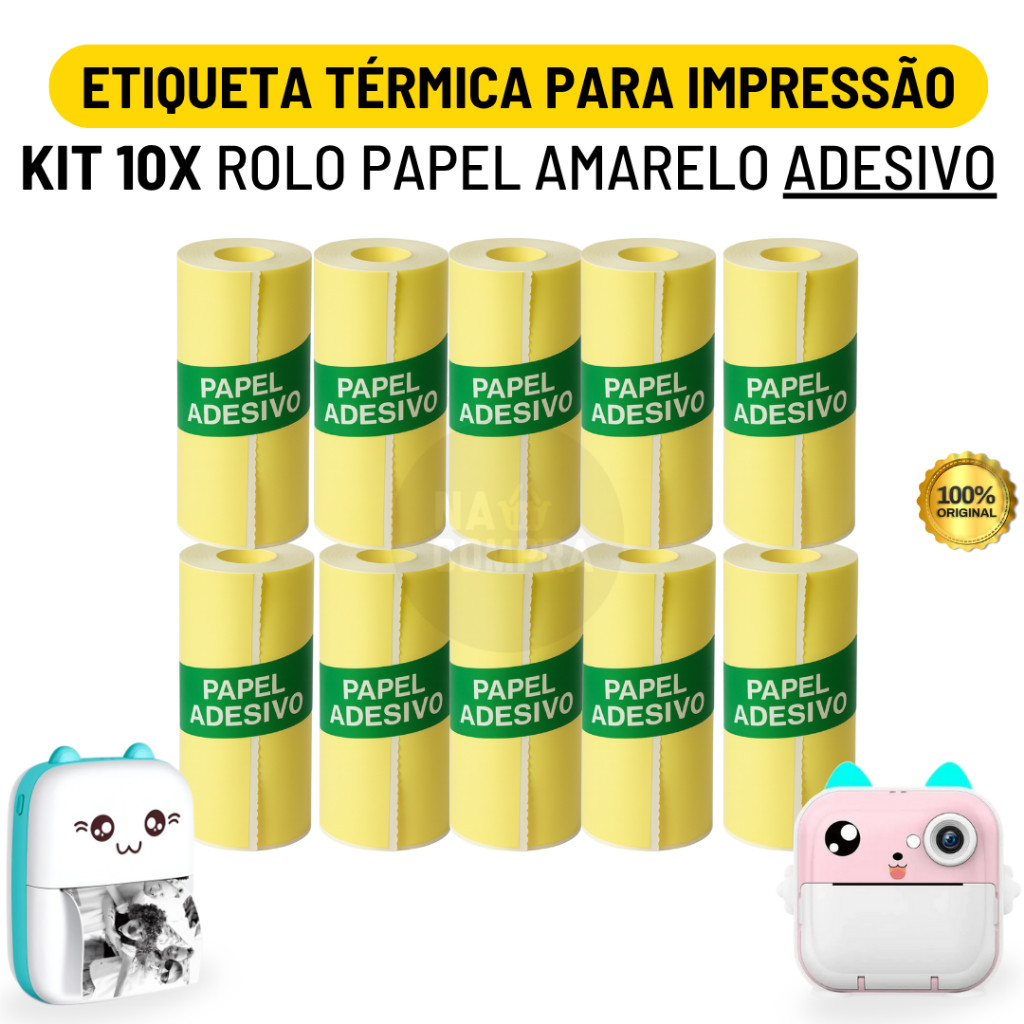Kit 10 Bobina Etiqueta Térmica Adesiva 57mm Rolo Amarelo Para Mini Impressora Portátil | Envio Imediato