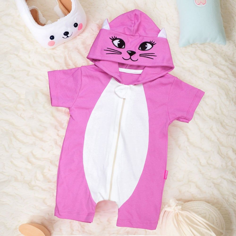 Macacão Fantasia Infantil Para Bebê Até 2 Anos Curto Com Capuz Bordado Gatinha Pink
