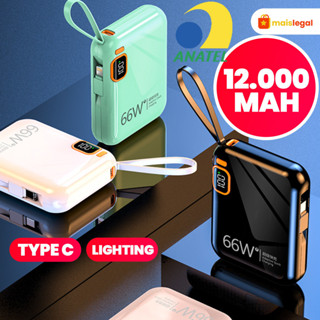 Bateria carregadora com cabo integrado compacta 12000mAh duplo carregamento rápido oferece recarga super rápida em Oferta na Shopee