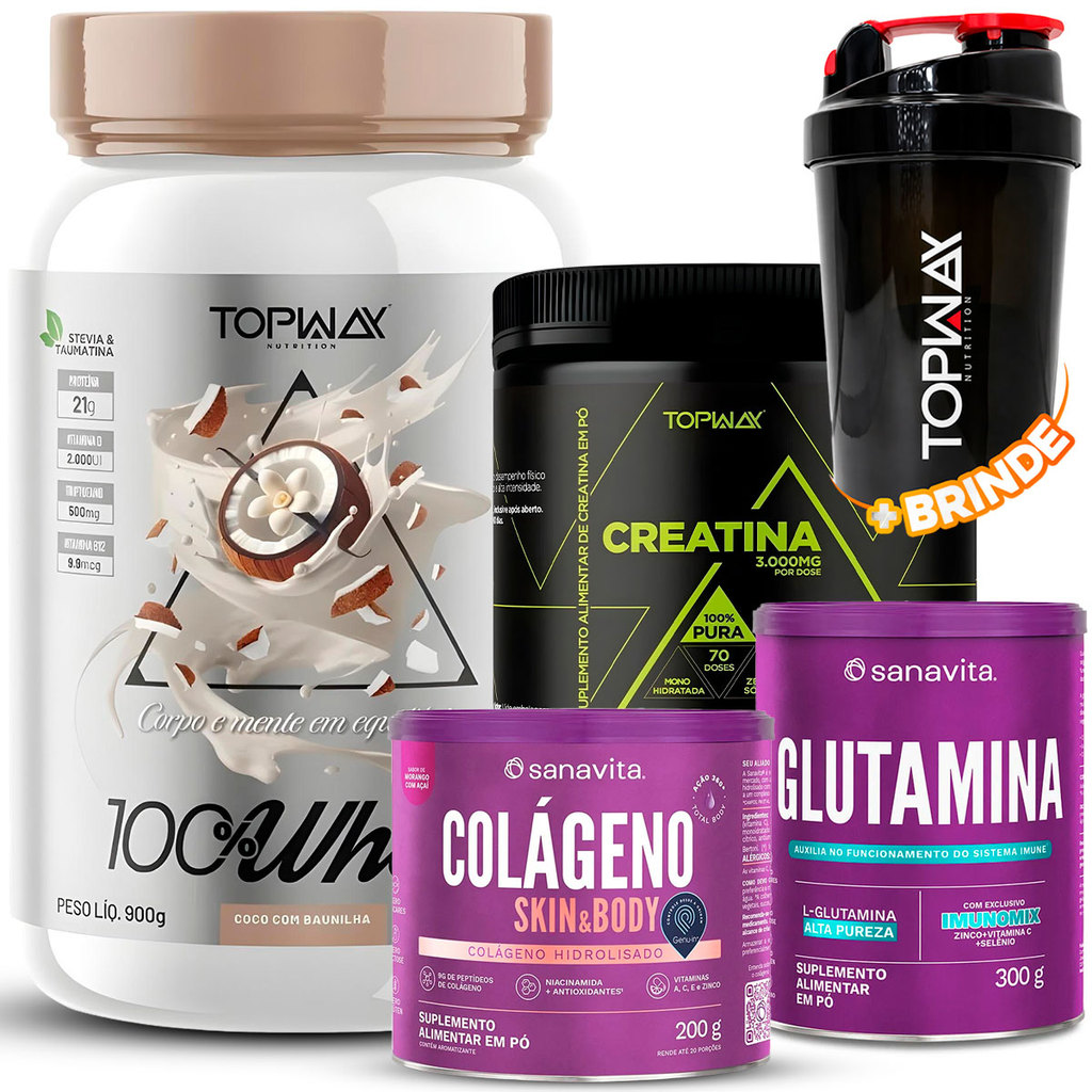 TopWay Whey Protein 900g + Creatina 210g + Sanavita Glutamina em Pó 300g + Colágeno Hidrolisado 200g
