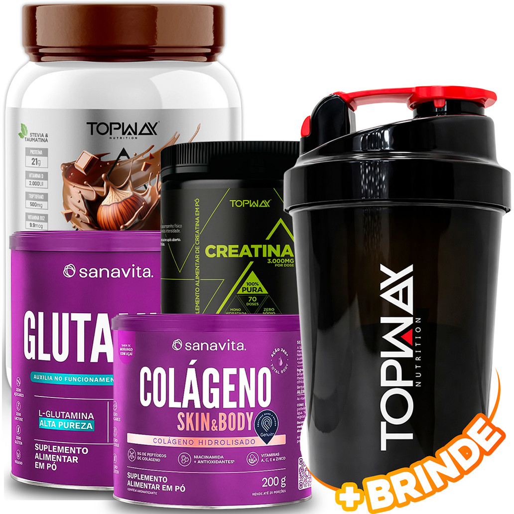 Whey Protein 100% 900g + Glutamina em Pó 300g + Creatina em Pó 210g + Colágeno Skin & Body 200g