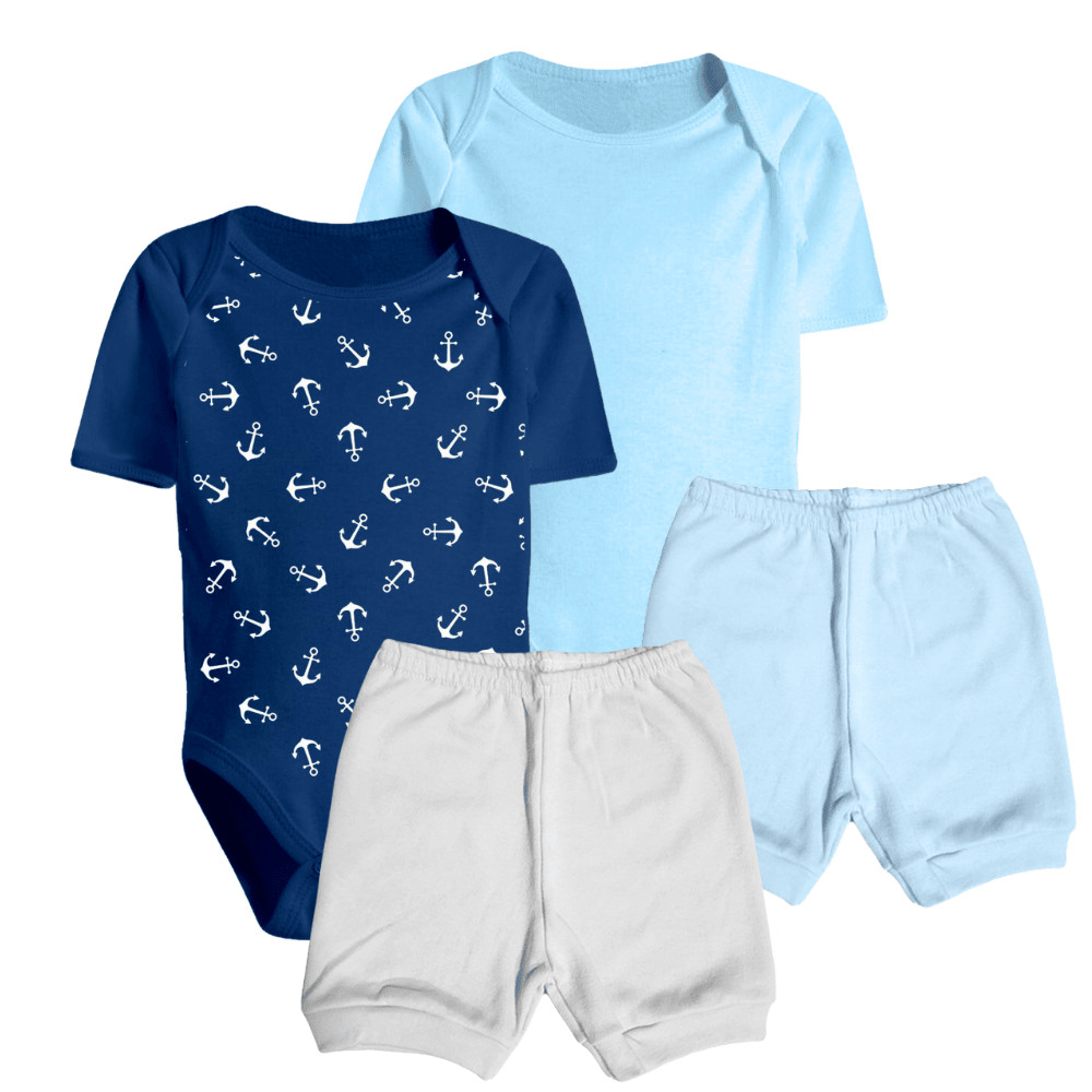 Kit Roupa de Bebê 4 Peças Verão Body Manga Curta e Short