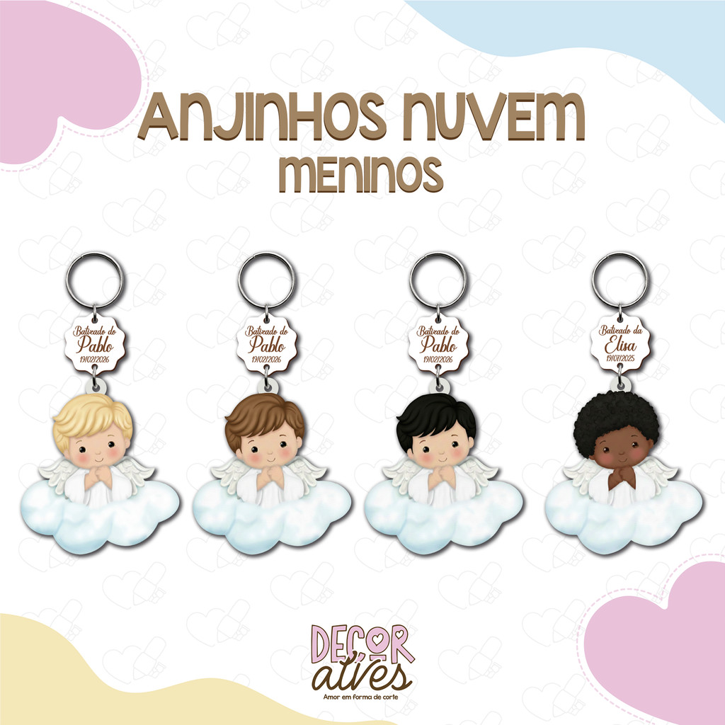 Anjinhos Batizado BRANCO / MENINO - Chaveiro Personalizado MDF brilhoso Lembrancinha infantil