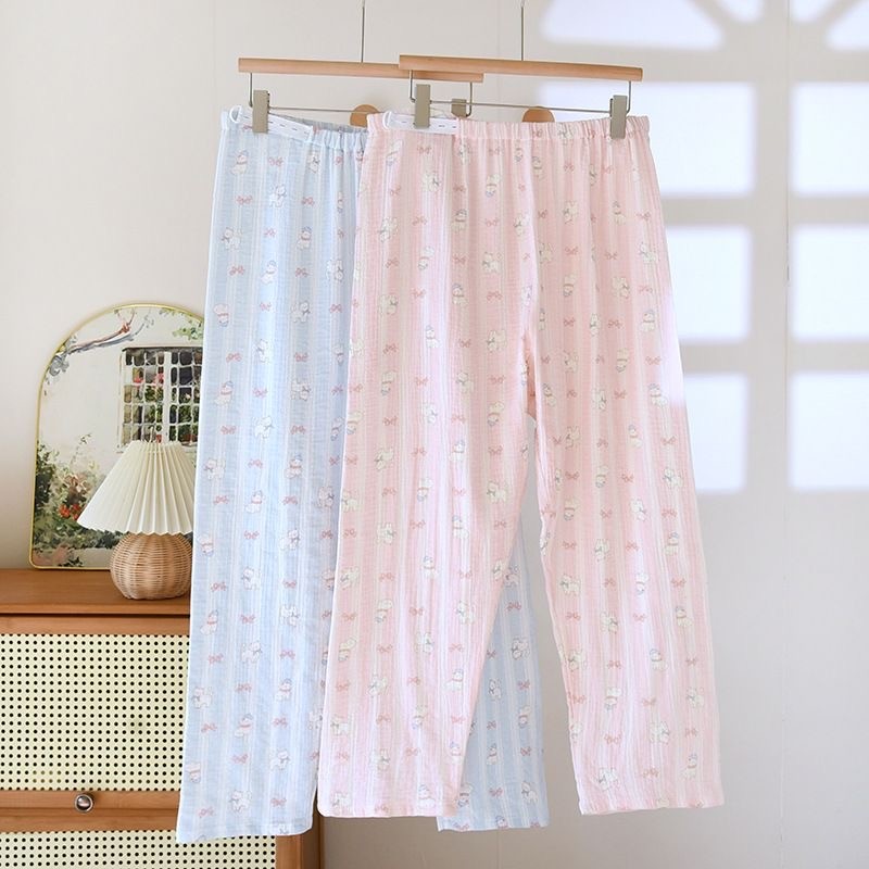 Extra grande mais gordura dupla camada gaze mulheres grávidas calças de pijama ajustáveis puro algodão Crepe desenho ani