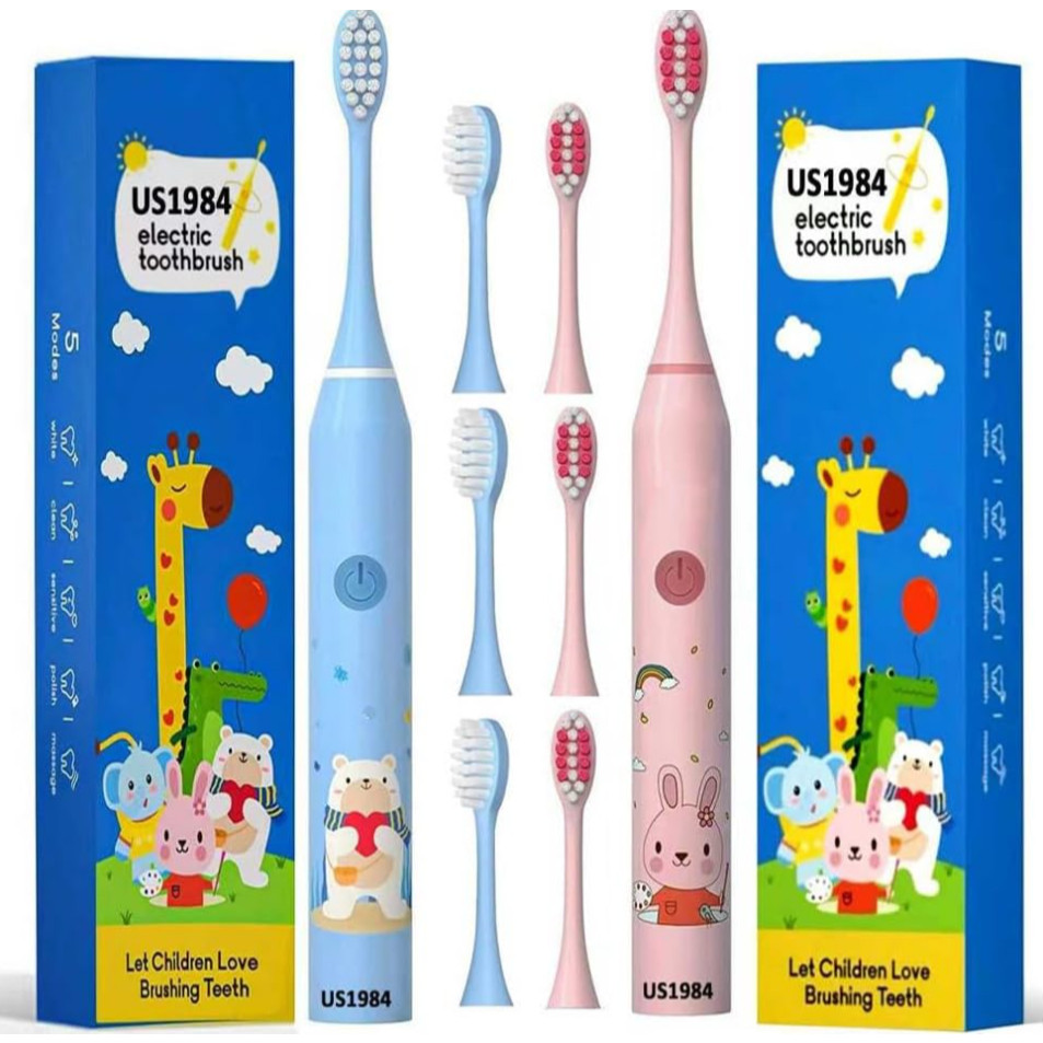 KIT 2UN Escova De Dentes Elétrica Infantil Recarregável USB Com Timer À Prova D'água Bivolt