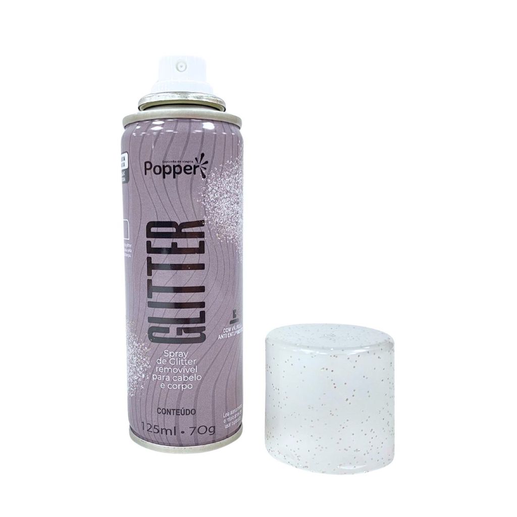 Spray De Glitter Prata 125ml Popper Cabelo Corpo Roupa Maquiagem Brilho Metalizado Pequeno Bolsa Festas Shows Balada