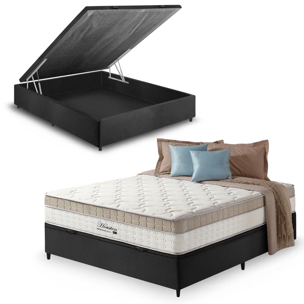 Cama Box Baú Casal Preto + Colchão Molas Ensacadas Pillow In Zidi Houston 138x188x70cm