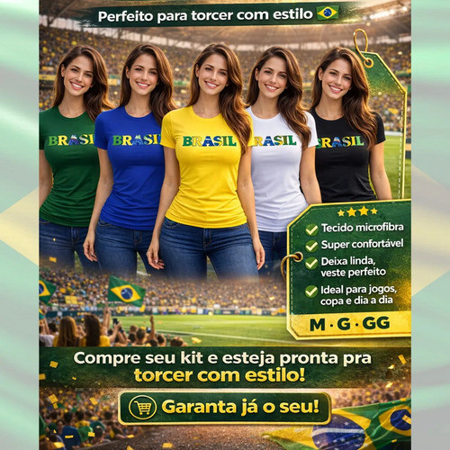 Blusa Brasil Feminina Babylook  Manga Curta Cores Copa Do Mundo Gola Redonda Camiseta Torcer Confortável