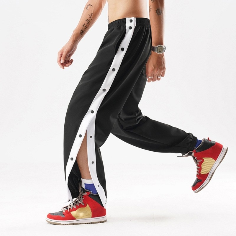 * Calça Basquete Masculina Rasgada, Moletom Pós-Cirurgia Bolsos, Botão Pressão Dividido Aberta