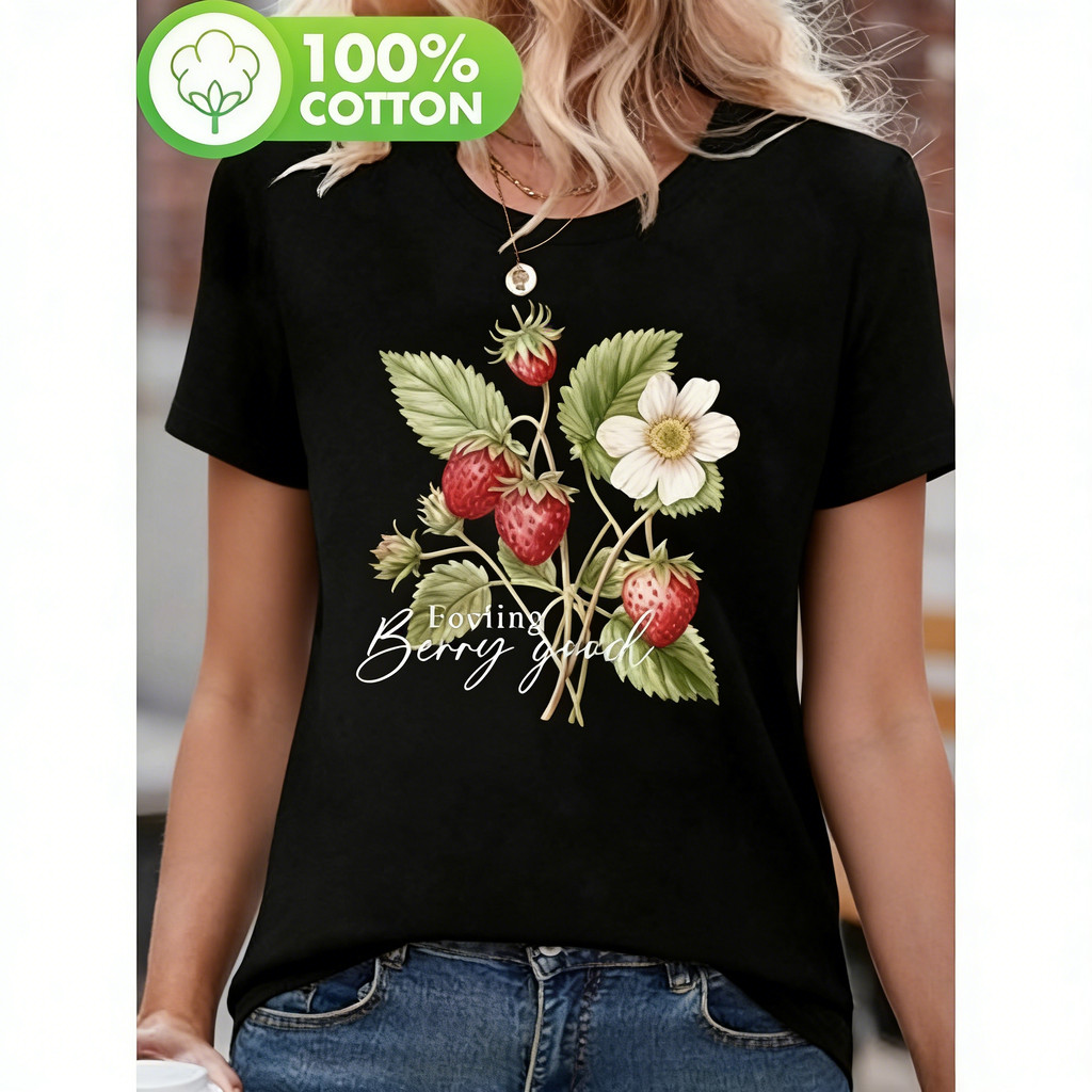 Camiseta Feminina Morango Floral Longa Manga Unissex Shirt Oversized 100% Algodão