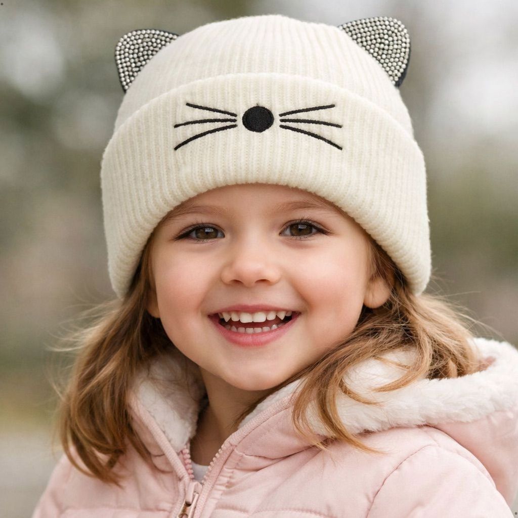 Touca Gorro Infantil Orelhas de Gato em Strass Tricô Macio Kawaii Inverno