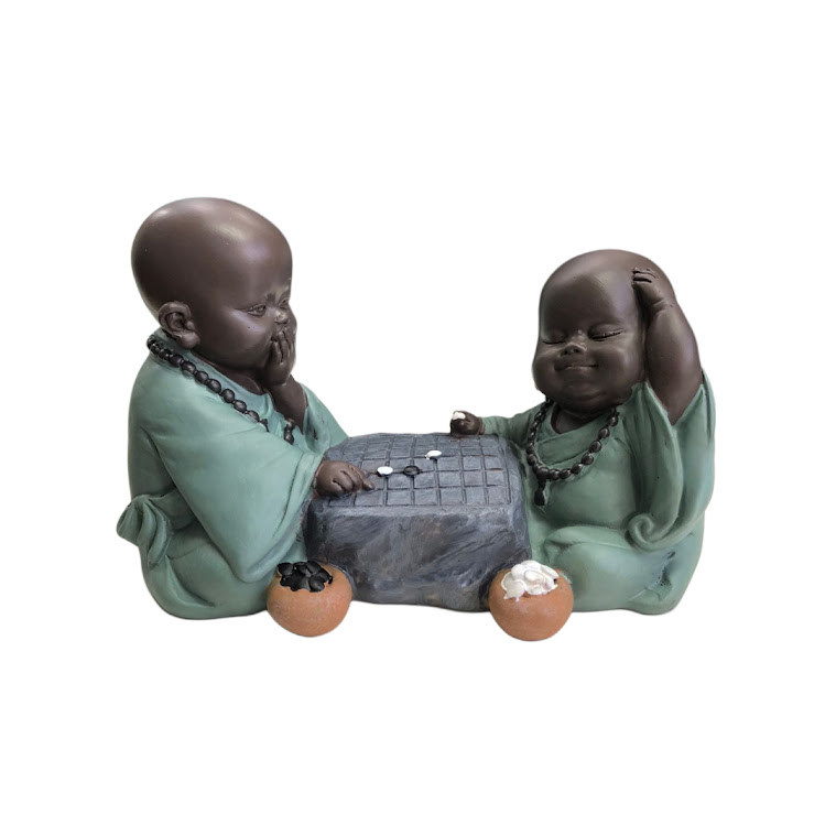 Imagem Dupla de Buda Infantil em Resina Verde – Estátuas Decorativas Zen