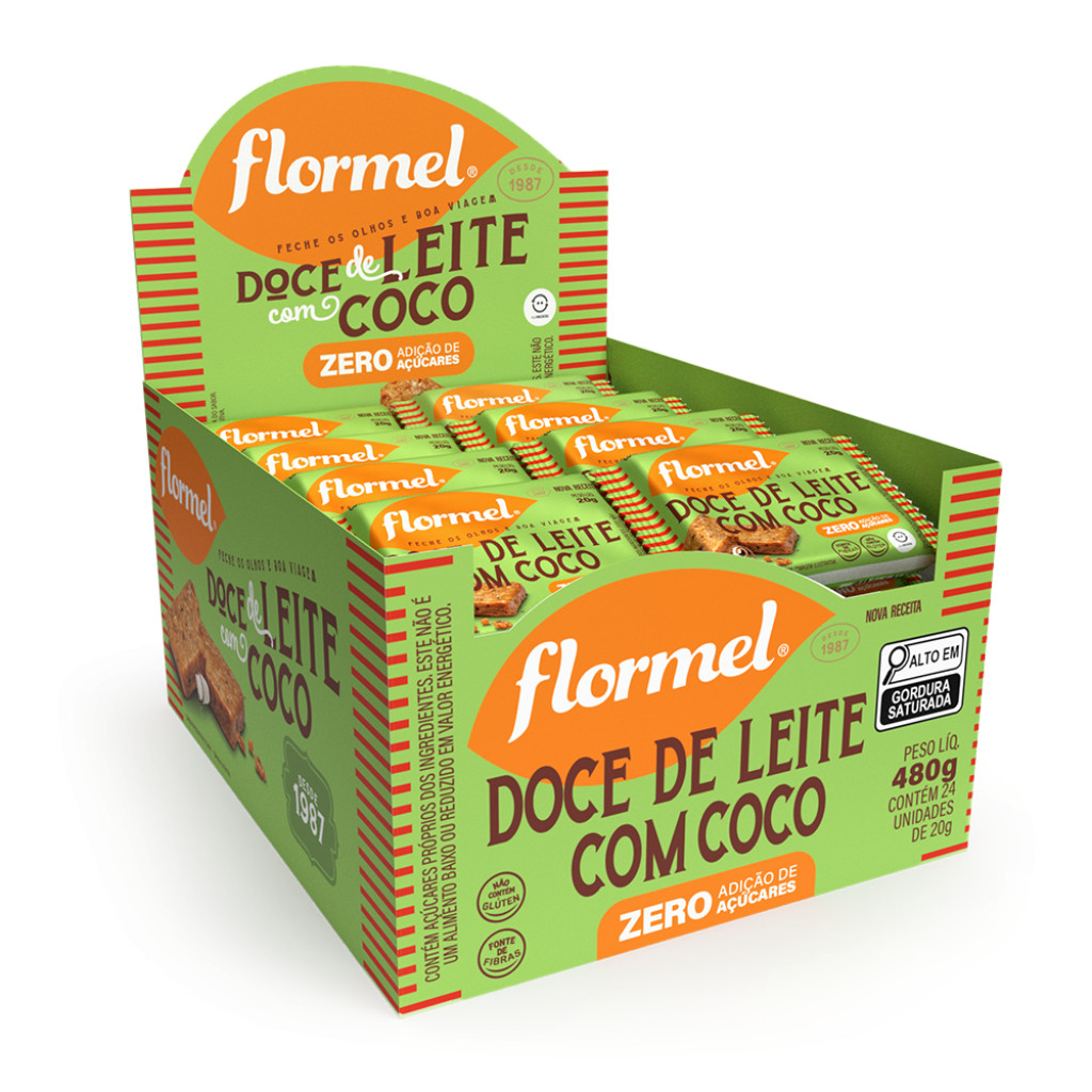 Tablete de Doce de Leite com Coco, Zero Açúcar - Caixa com 24 Unidades de 20g Cada