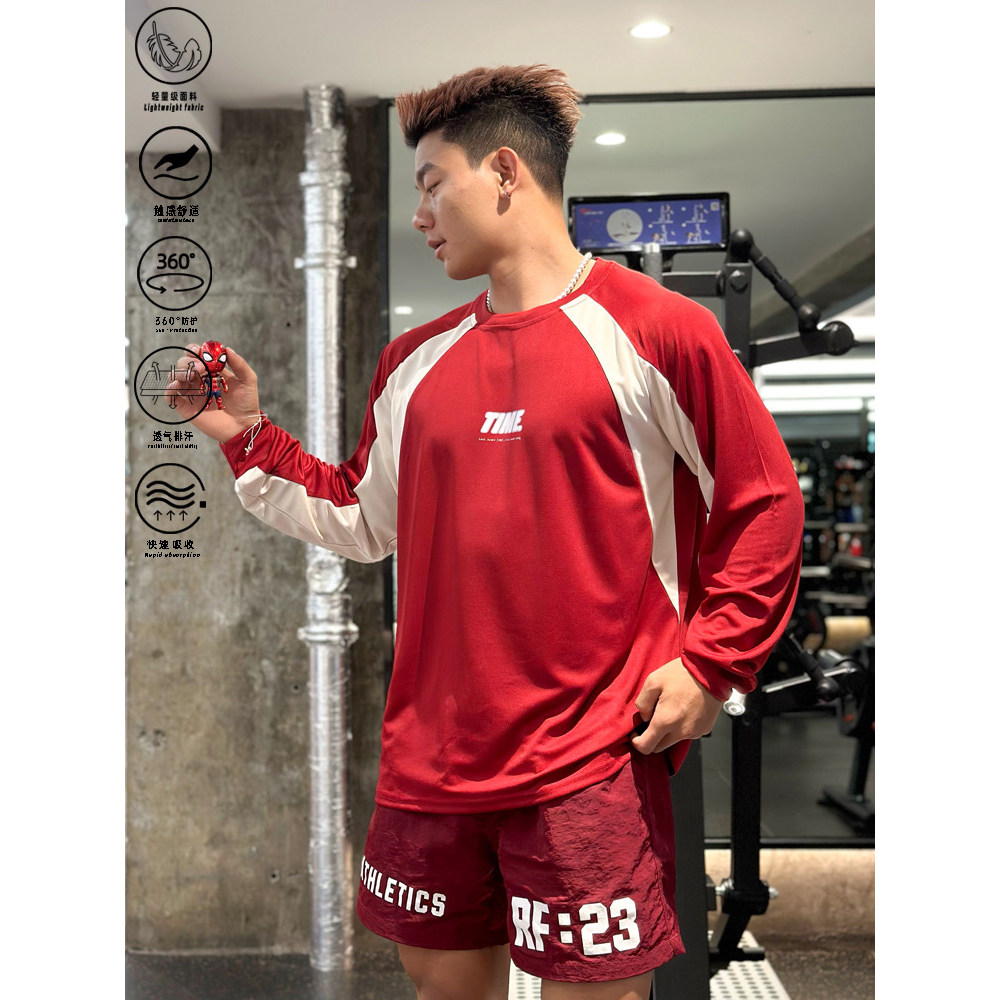 ANDTIME Camiseta de manga comprida com costura retrô, esportes, lazer, secagem rápida, correspondência de cores, Fitness