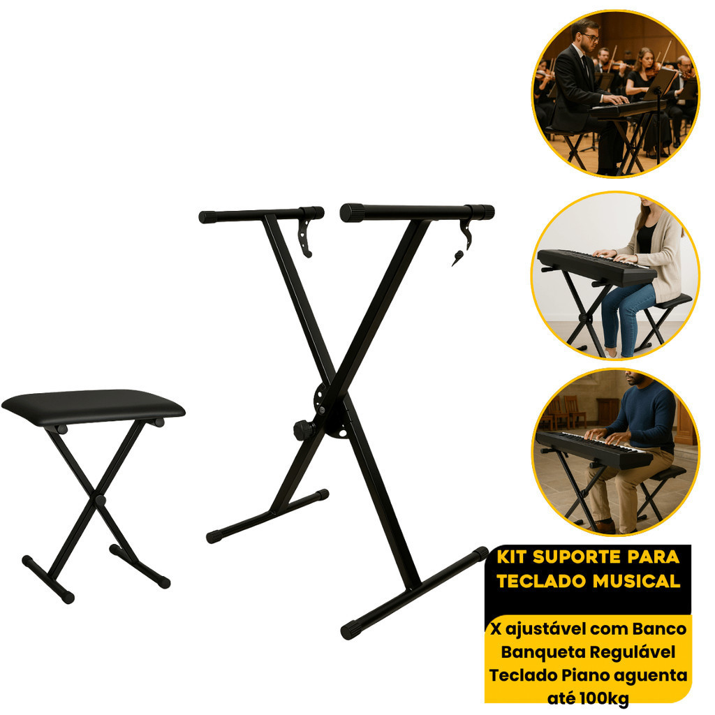 Kit Suporte para Teclado Musical 1X ajustável com Banco Banqueta Regulável Teclado Piano aguenta até 100kg Premium