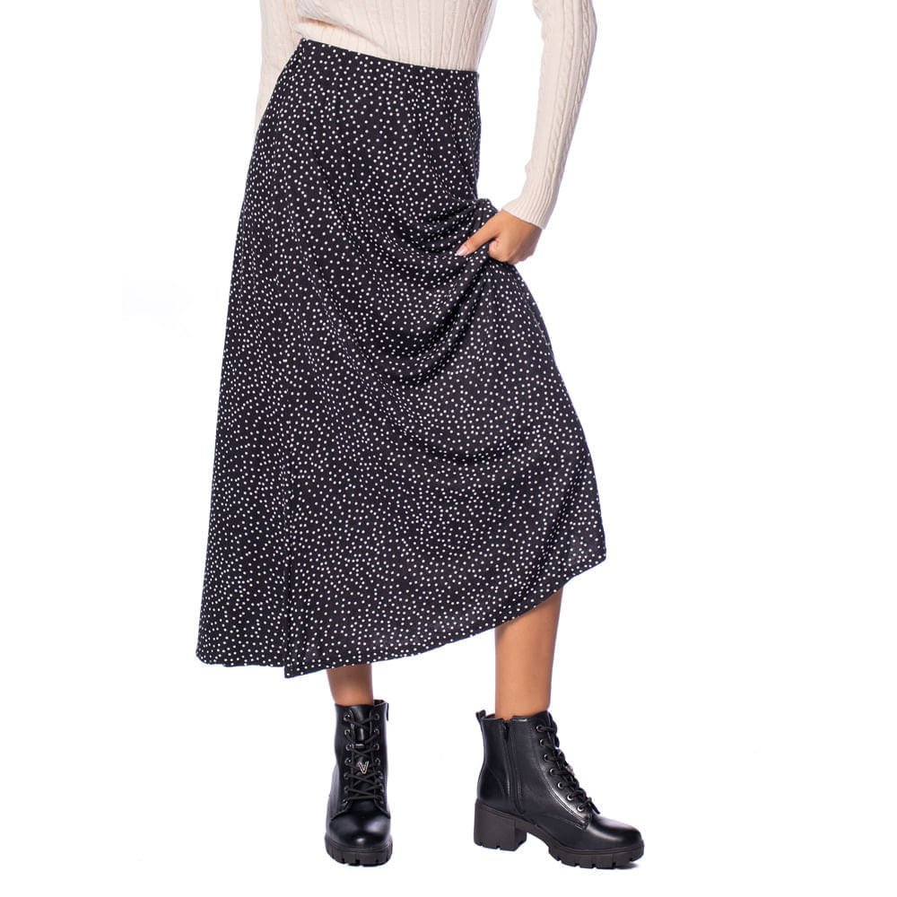 Saia Feminina Endless  Midi Poá Preto/Branco