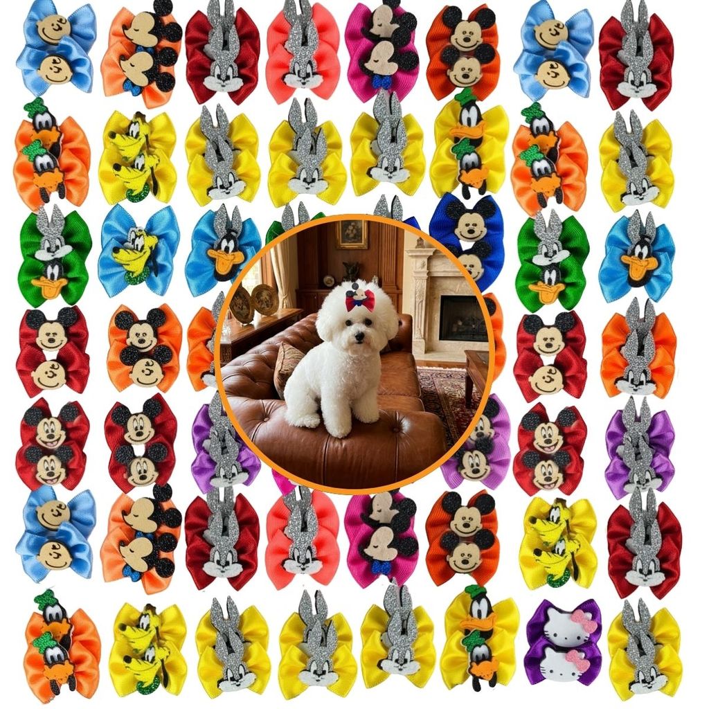 100 Laços Topete de Cetim Para Pet médio Personagens Variados Pet Shop Banho e Tosa Preço Atacado