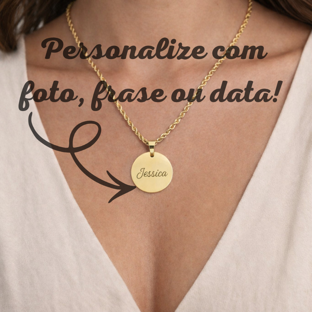 Colar medalha Banhado Ouro 18K e Prata Personalizado a Laser, Fotogravação, Frase e Simbolos