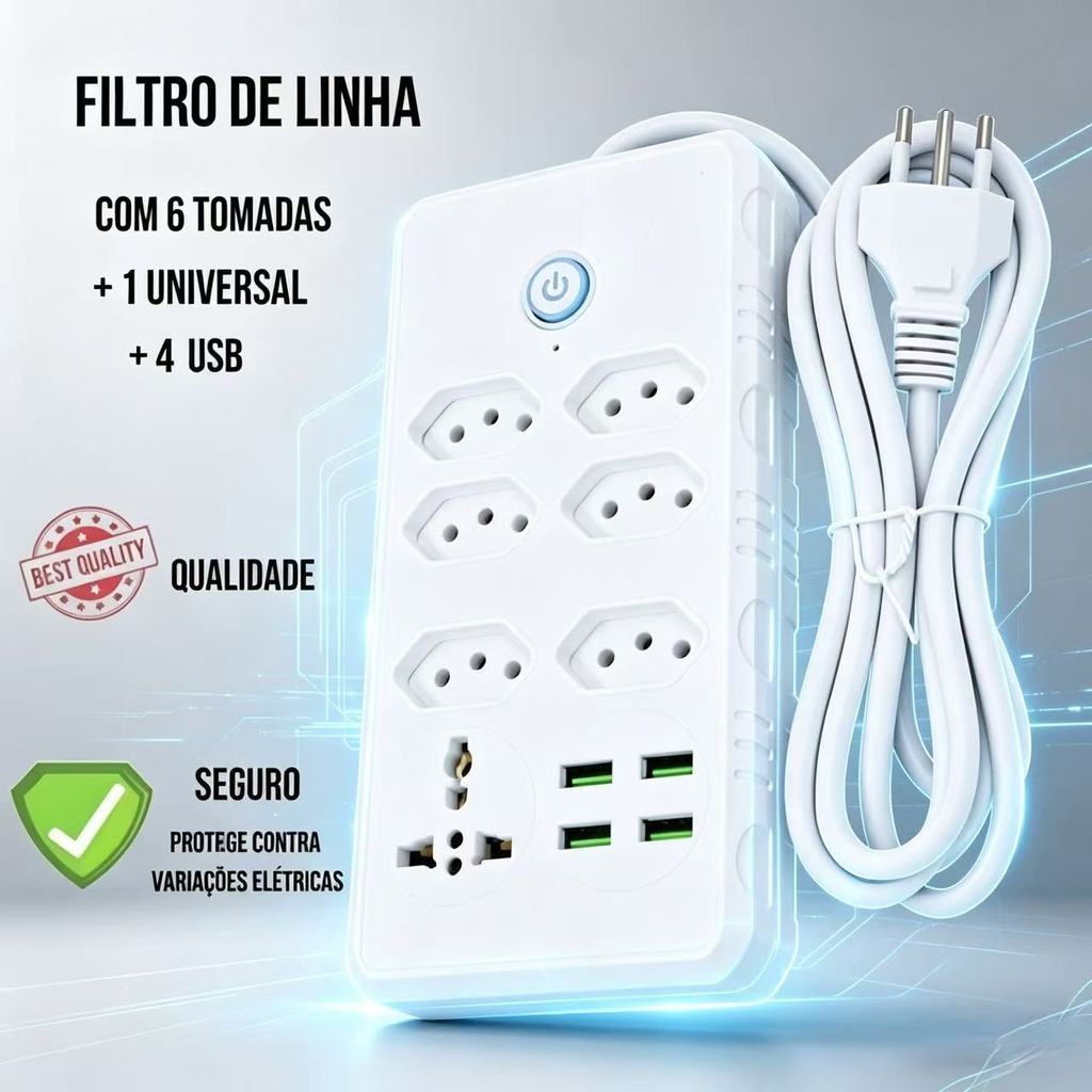 Régua Filtro de Linha com 7 Tomadas, 1 Universal e 4 USB • Bivolt 110/220V • Cabo de 2 Metros • Segurança Garantida