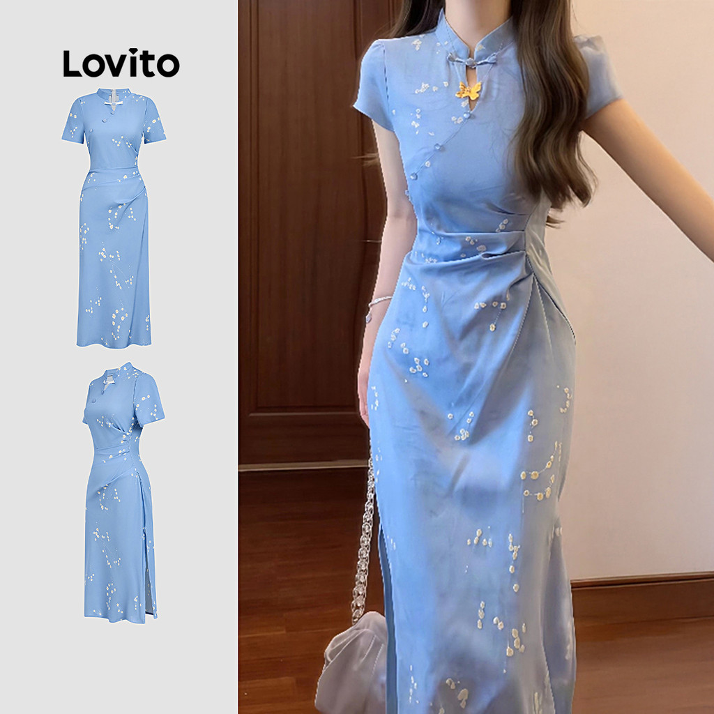 Lovito Vestido Casual Novo Estilo Chinês Primavera/verão Azul Vestido para Mulheres L164ED088 em Oferta na Shopee