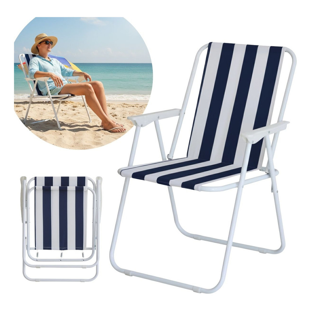 Imagem Cadeira de Praia Dobrável Ferro Branco e Azul Com Apoio de Braço Ideal Para Praia Piscina Camping e Lazer