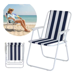 Cadeira de Praia Dobrável Ferro Branco e Azul Com Apoio de Braço Ideal Para Praia Piscina Camping e Lazer