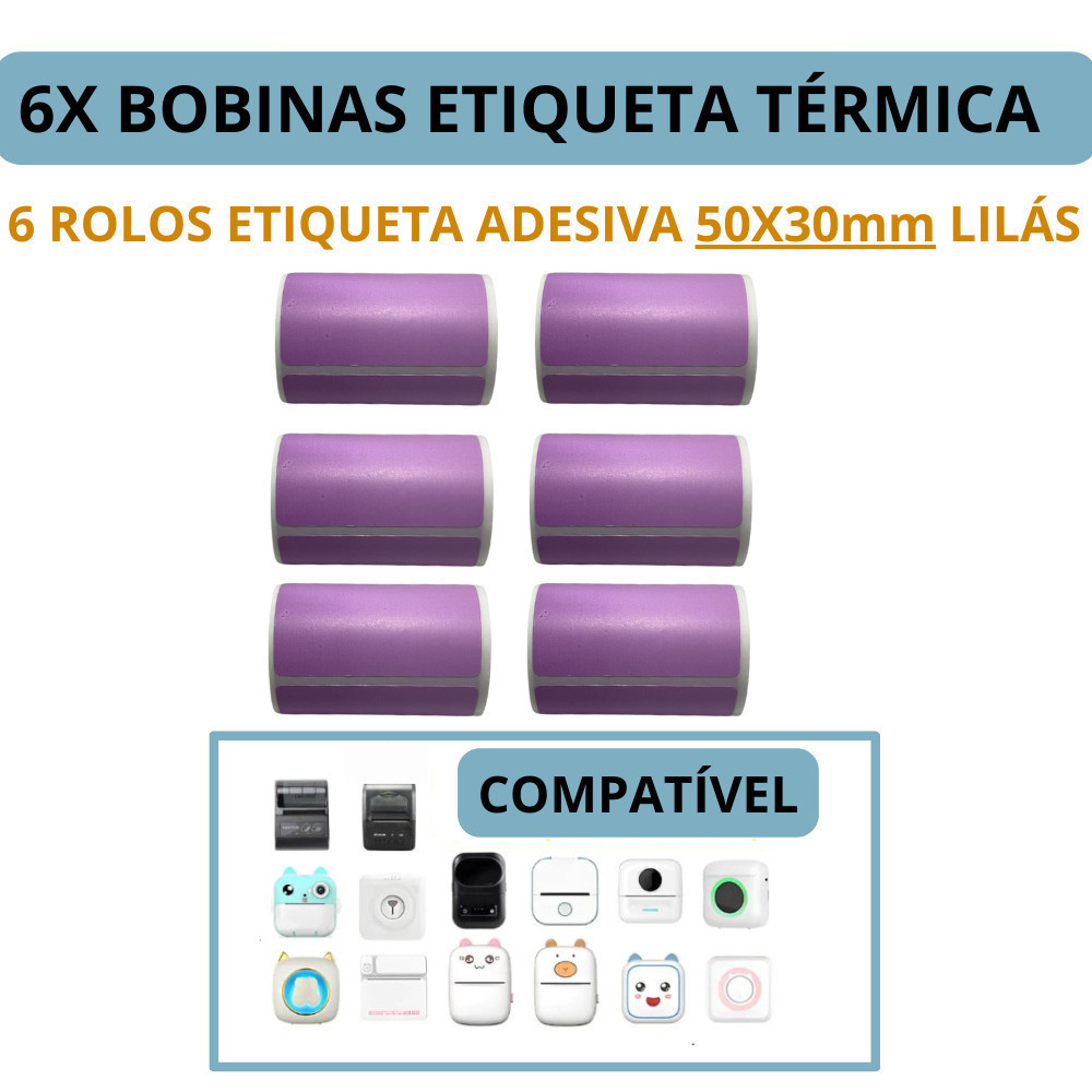 Kit com 6 Rolos Etiqueta Adesiva Cor Lilás P/ Mini Impressora Gato