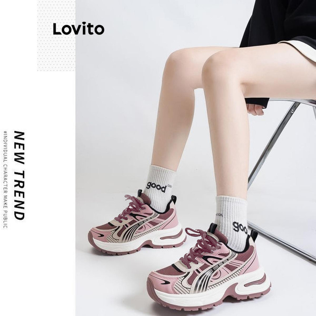 Detalhes do Lovito Esporte liso Colorblock Ins aumentar altura tênis para mulher LFA71102