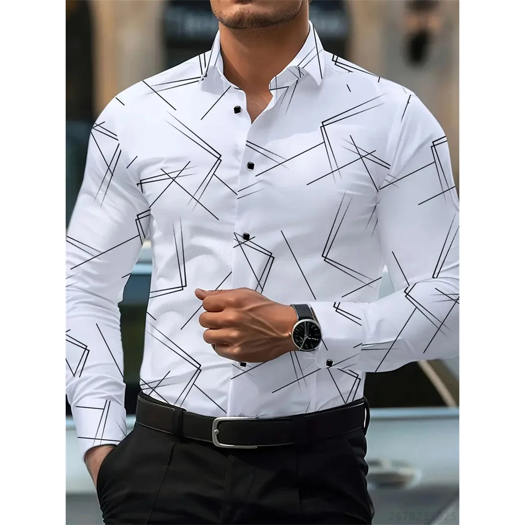 Moda Masculina Linha Geométrica Impressão Camisa De Manga Comprida Negócios casual design De Fino Ajuste Não-Ferro Estil
