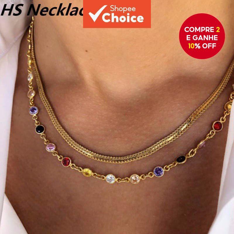 Moda Feminina Colar De Aço Inoxidável De Duas Camadas Rhinestone Acessórios De Jóias/Colarhs