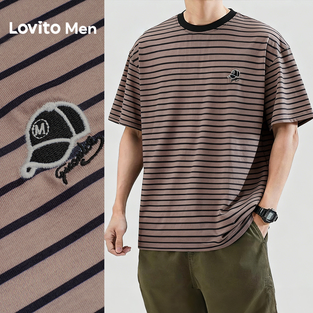 Lovito Men  Camiseta Casual Bordada com Listras Gola Contraste Primavera/verão Marrom para Homens. L175ED028