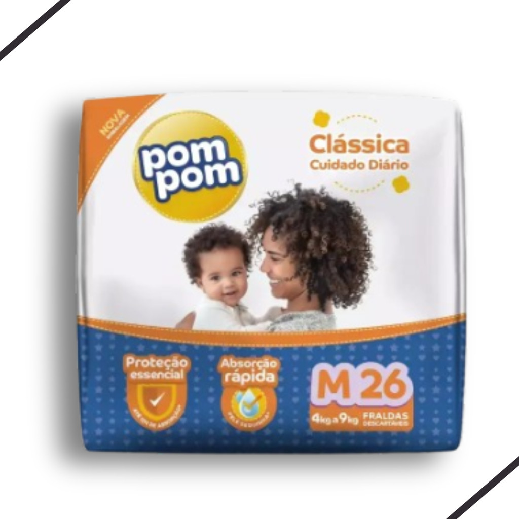 Fralda Descartável Pom Pom Clássica Jumbo Tamanho M - 26 Unidades