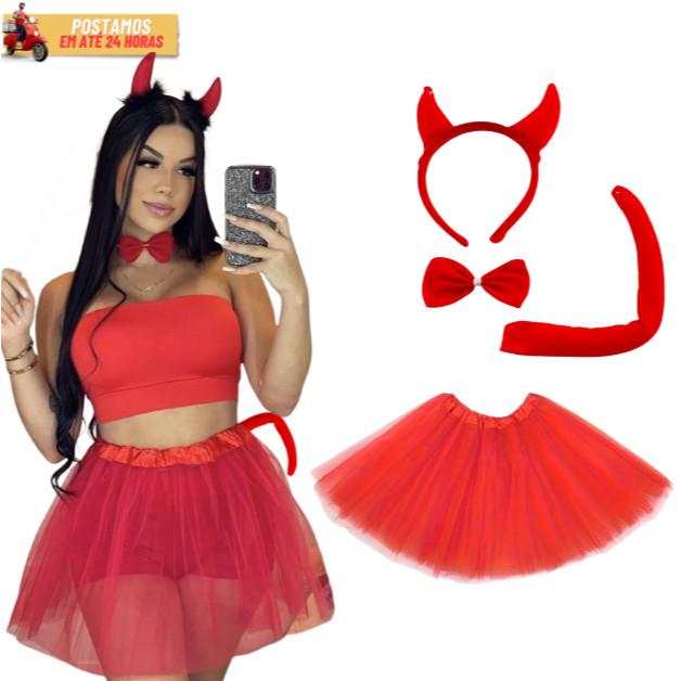 Kit Fantasia Diabinha Capetinha 4 Peças Carnaval - Saia + Rabinho + Tiara + Gravata Cosplay Festas em Oferta na Shopee
