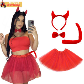 Kit Fantasia Diabinha Capetinha 4 Peças Carnaval - Saia + Rabinho + Tiara + Gravata Cosplay Festas em Oferta na Shopee
