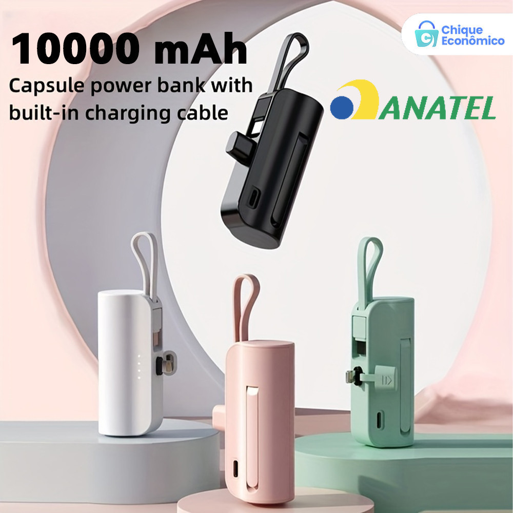 Power Bank Mini 10000mAh para Viagens: Recarga Sem Fio e Cabo (iPhone e Tipo-C) 2em1 em Oferta na Shopee