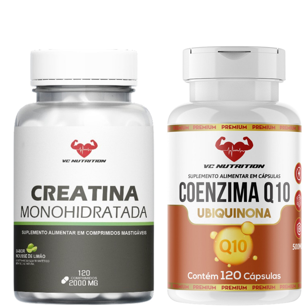 KIT - Creatina Monohidratada Pura Mastigável Sabor mouse de limão   + Coenzima Q10 - 120 cápsulas
