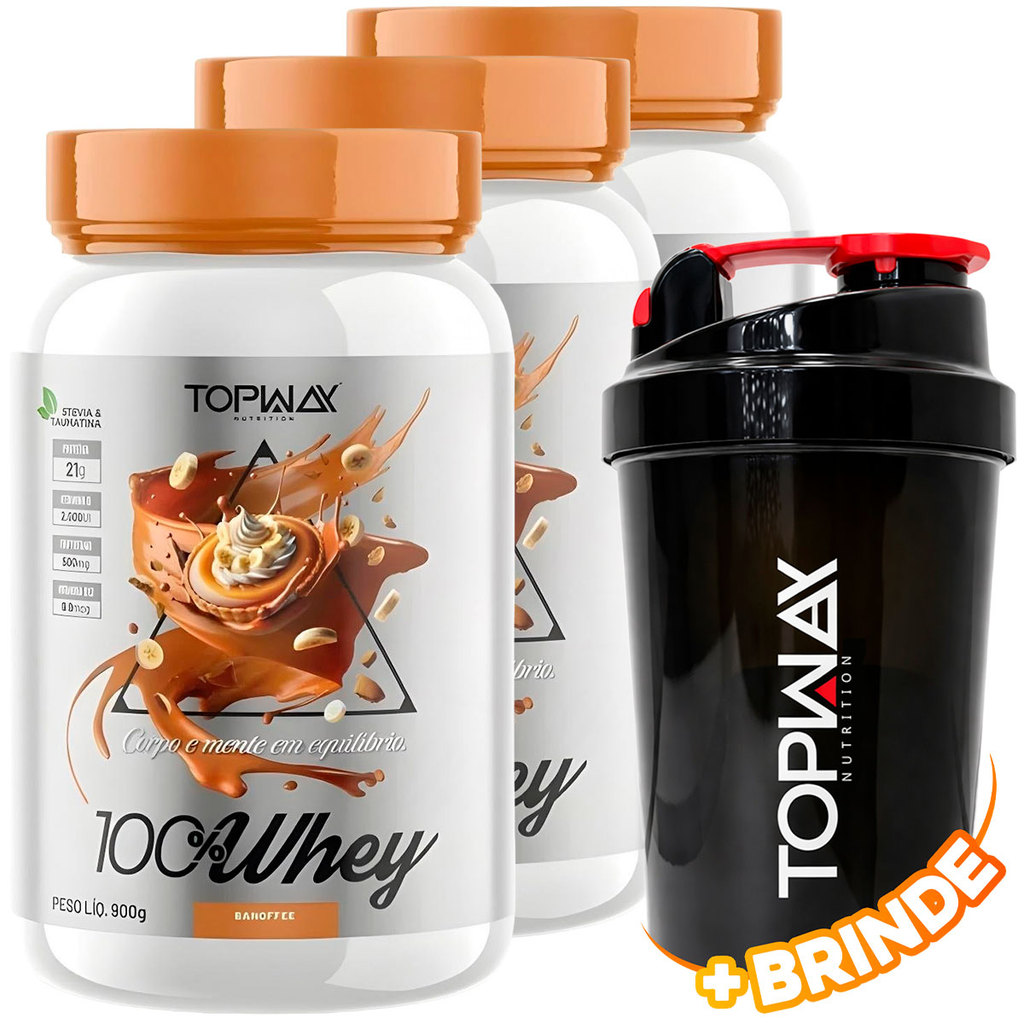 3x Way Suplemento Alimentar Whey Protein 100% 900g Sabor Banofee Concentrado + Coqueteleira 600ml