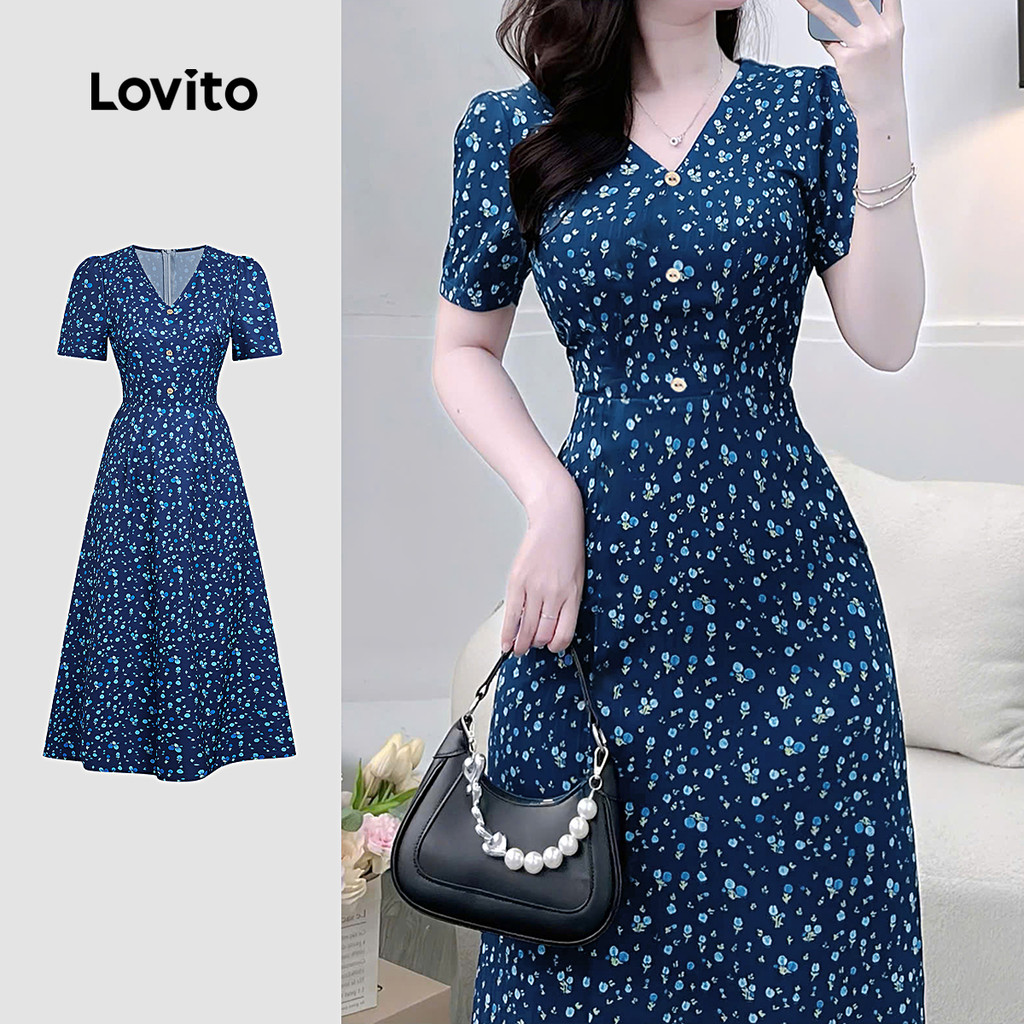 Lovito Vestido Feminino Azul Escuro Elegante com Botões Na Frente para Primavera/Verão L164LD287 em Oferta na Shopee