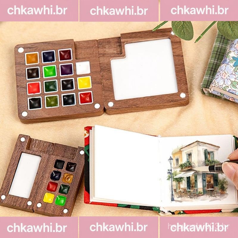 [GrandLarge] Mini Paleta De Aquarela De Madeira De Nogueira Portátil Caixa De Pintura Com Clipe Bandeja De Viagem Materi