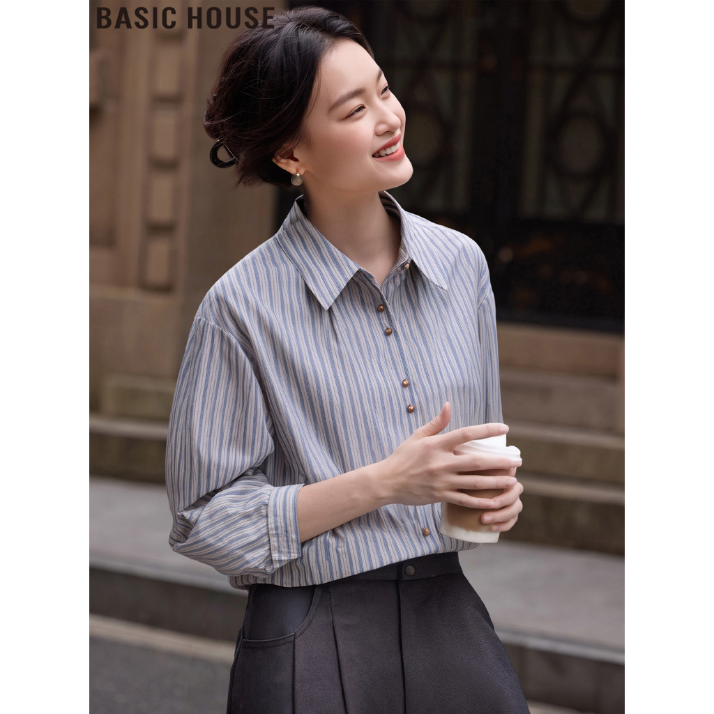 Casa básica/casa básica boa camisa listrada de algodão de manga comprida Commuter camisa profissional em camadas feminin