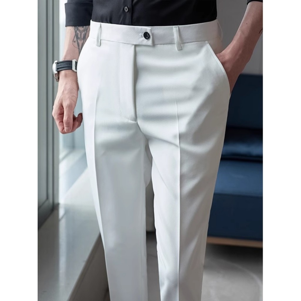 Primavera verão versão coreana pés pequenos branco tornozelo comprimento calças magro-ajuste calças masculinas não-ferro